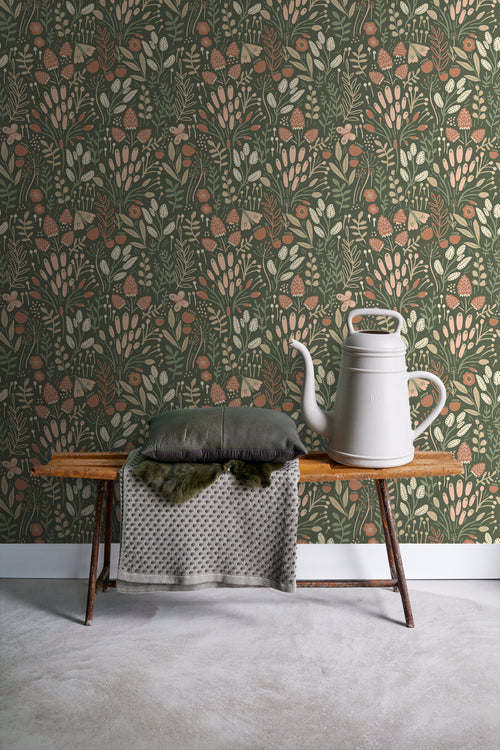 ESTAhome behang bladeren en bloemen groen en terracotta - 50 x 900 cm - 131383 - vtwonen shop