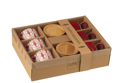 J-Line koffietas + schoteltje Notenkraker - bambou/keramiek - rood - giftbox van 6