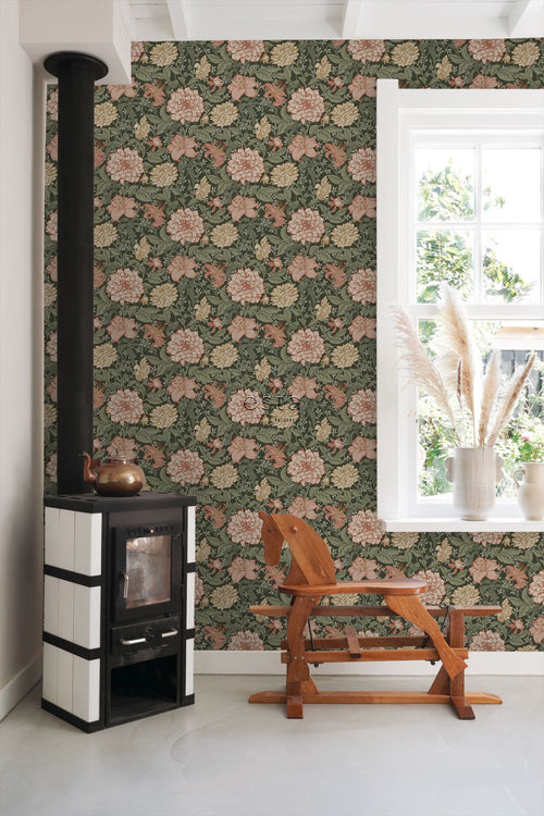 ESTAhome behang vintage bloemen vergrijsd groen en terracotta roze - 53 cm x 10.05 m - 139381
