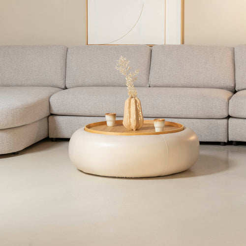 DÉJA Living Salontafel Draby - Beige/Naturel - PU Leer - Ø102x34cm - vtwonen shop