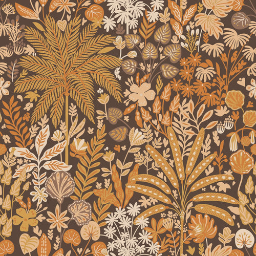 ESTAhome behang tropische bladeren en bloemen oranje, beige, mosterdgeel en donkerbruin - 50 x 900 cm - 130945 - vtwonen shop