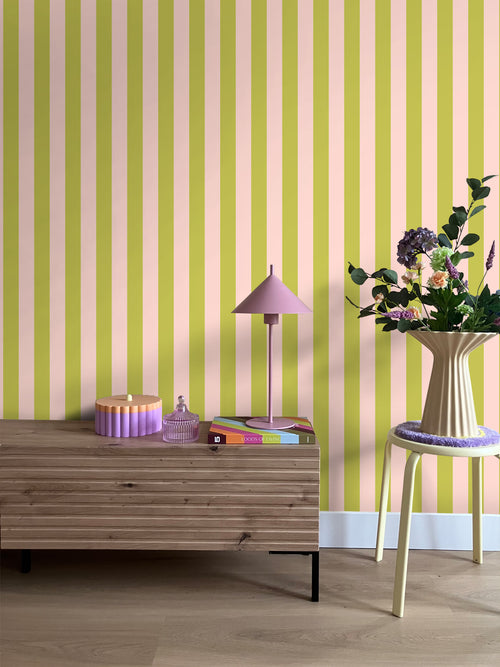ESTAhome behang strepen roze en groen - 0.53 x 10.05 m - 131574