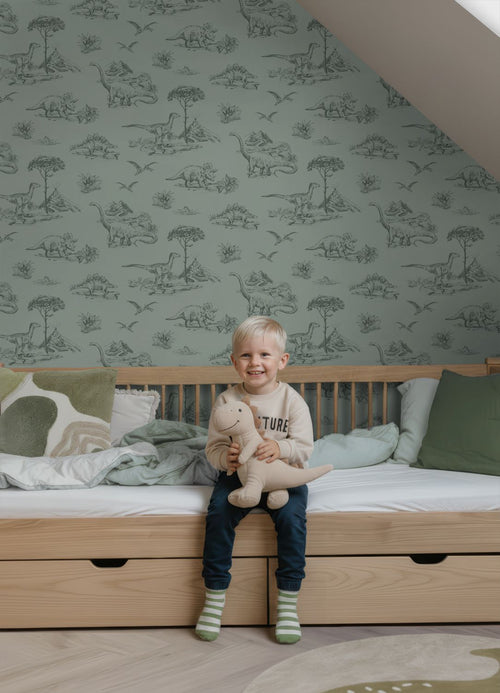 ESTAhome behang dinosaurussen vergrijsd groen - 53 cm x 10.05 m - 139358