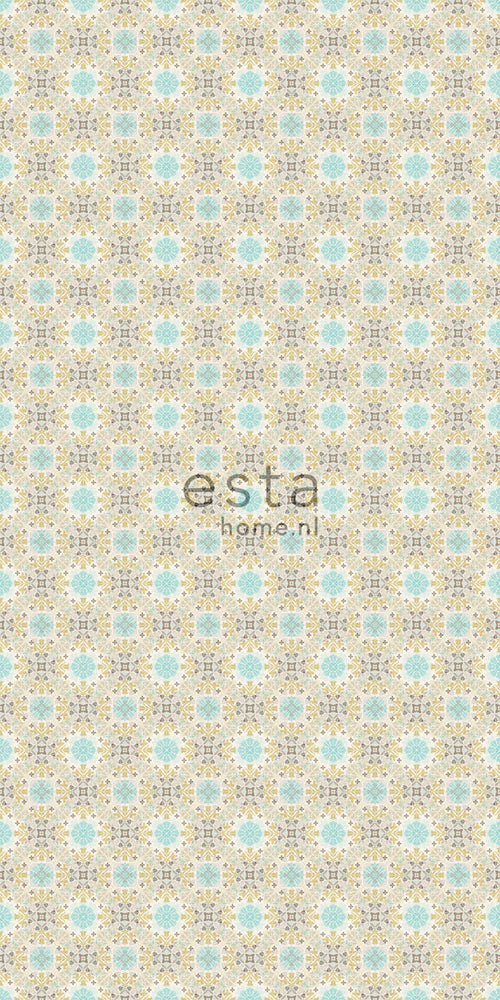 ESTAhome XXL behang folkloristisch borduurwerk beige en turquoise - 50 x 900 cm - 158605 - vtwonen shop