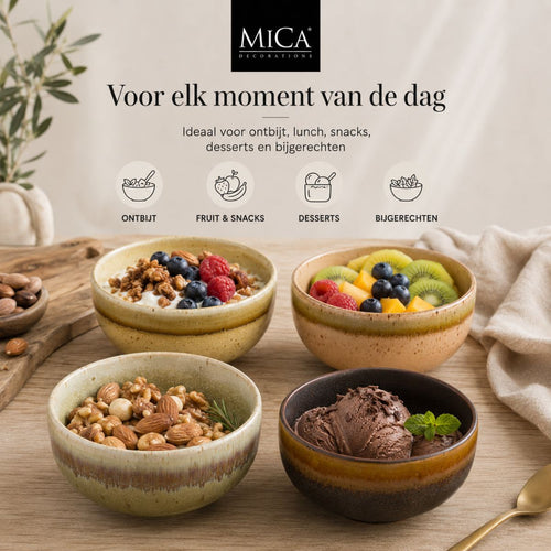 Mica Decorations Kommen Set 4 Stuks - Schaaltjes Set van Steengoed - Ontbijtkommen, Dessertkommen en Snackkommen - Ø11 x 5,5 cm - Aardetinten