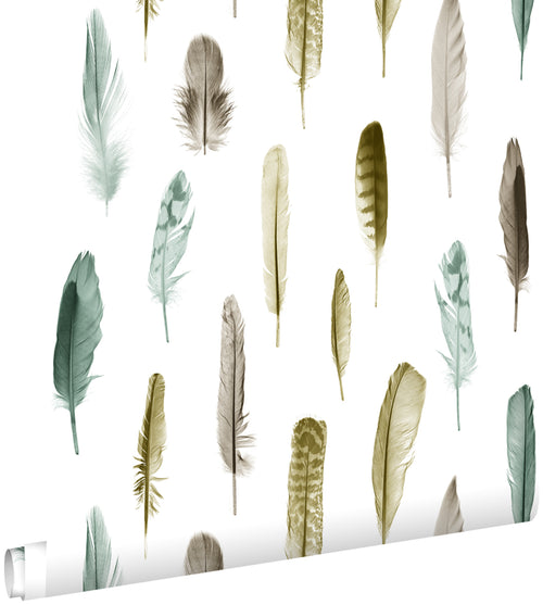 ESTAhome behang veren okergeel, bruin en vergrijsd groen - 53 cm x 10.05 m - 138896