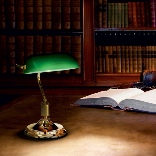Ideal Lux Lawyer - 1 Light Banker Lamp Goud met Groene Glazen Kap, E27