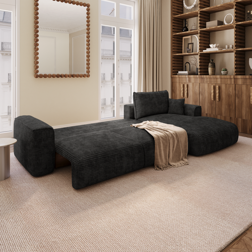 Premium Interiors - Rechthoekige hoekbank met slaapfunctie en opbergruimte COMO - corduroy zwart 297cm