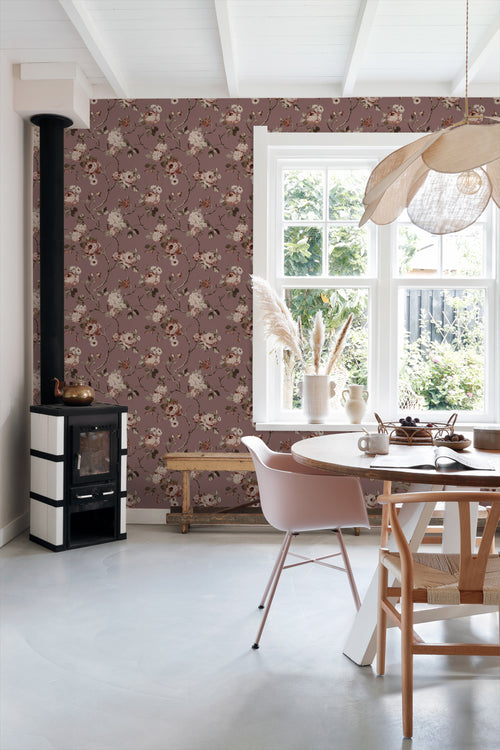 ESTAhome behang vintage bloemen aubergine paars - 50 x 900 cm - 131127 - vtwonen shop