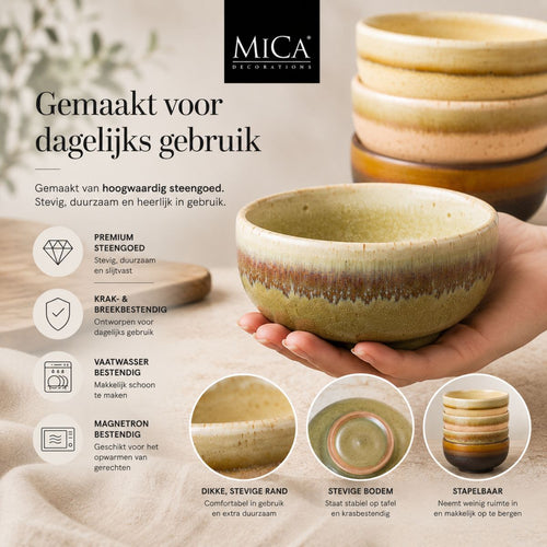 Mica Decorations Kommen Set 4 Stuks - Schaaltjes Set van Steengoed - Ontbijtkommen, Dessertkommen en Snackkommen - Ø11 x 5,5 cm - Aardetinten