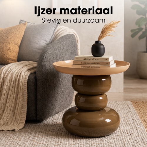 Mica Decorations Zita Bijzettafel - Bijzettafeltje Rond - Woonkamer Decoratie - 34 x 41 cm - IJzer, MDF, Fluweel - Bruin Creme