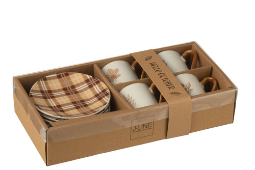 J-Line kopje + schoteltje Blad - keramiek - bruin - giftbox van 4 stuks
