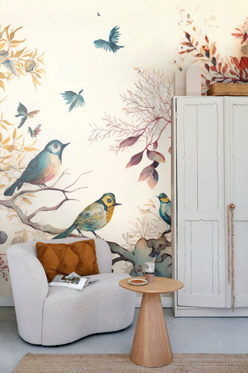 Sanders & Sanders fotobehang tropische jungle bladeren en paradijsvogels beige, blauw en geel - 300 x 279 cm - 950030 - vtwonen shop