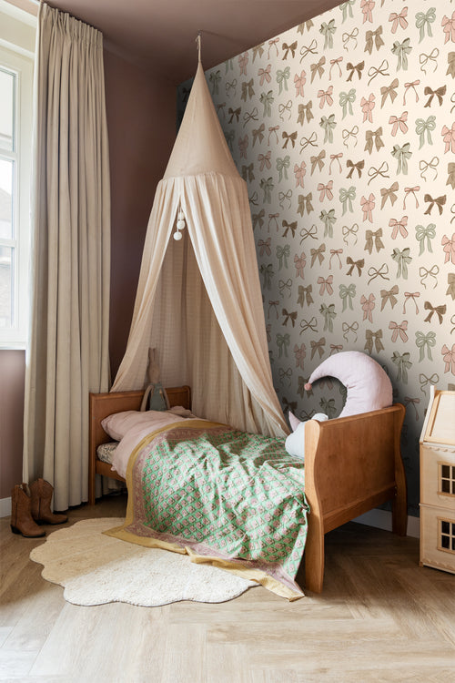 ESTAhome behang strikjes groen, roze en bruin - 50 x 900 cm - 131469