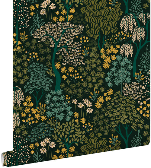ESTAhome behang bomen en bloemen blauwgroen en geel - 50 x 900 cm - 131190 - vtwonen shop