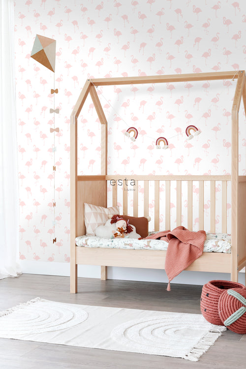 ESTAhome behang flamingo's licht roze en wit - 53 cm x 10.05 m - 138918