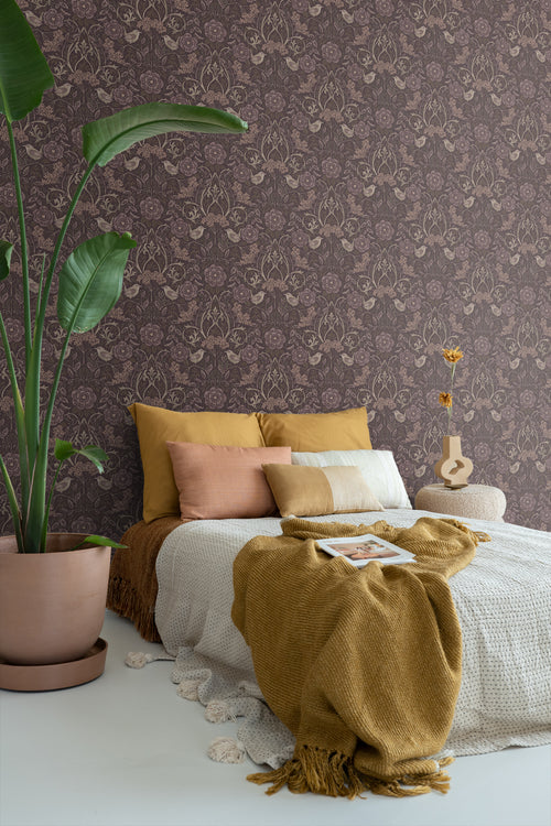 ESTAhome behang bloemen en vogels mauve paars - 53 cm x 10.05 m - 131208