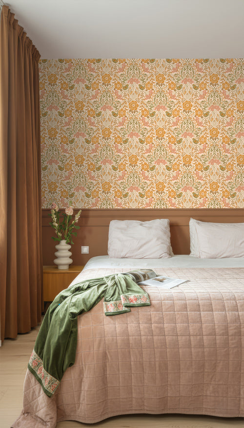 ESTAhome behang bloemen en vogels in art nouveau stijl oranje en groen - 50 x 900 cm - 131696