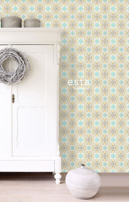 ESTAhome XXL behang folkloristisch borduurwerk beige en turquoise - 50 x 900 cm - 158605 - vtwonen shop