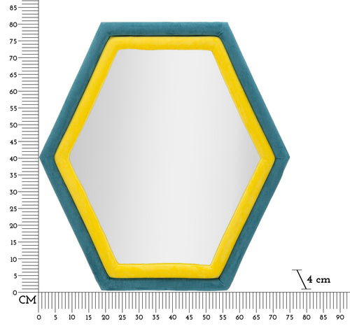 Hexagonale wandspiegel in blauw en geel 75x4x80 cm