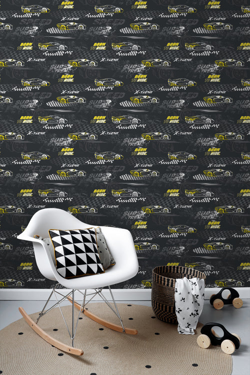 Sanders & Sanders behang race auto's geel en zwart wit - 50 x 900 cm - 935365