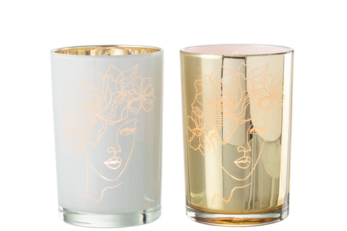 J-Line windlicht Dame Haar Bloemen - glas - wit/goud - large - 2 stuks