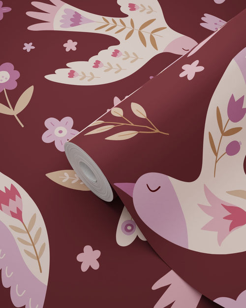 ESTAhome behang bloemen en vogels aubergine paars - 50 x 900 cm - 131759