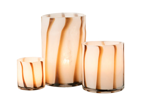 J-Line windlicht Strepen Safari - glas - wit/bruin - large