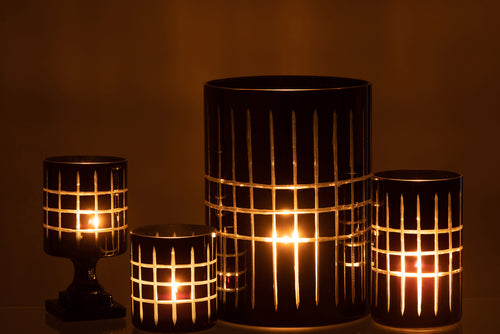 J-Line theelichthouder op voet Geruit -  glas - zwart