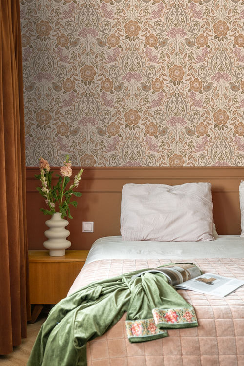 ESTAhome behang bloemen en vogels in art nouveau stijl terracotta 53 cm x 10.05 m 139567