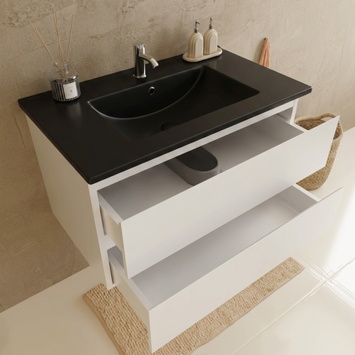 LOMAZOO badmeubelset Verona - met kolomkast & zwarte wastafel - glanzend wit - 80 cm