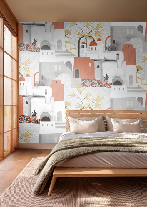 Sanders & Sanders fotobehang mediterrane huisjes grijs en terracotta - 318 x 280 cm - 640830