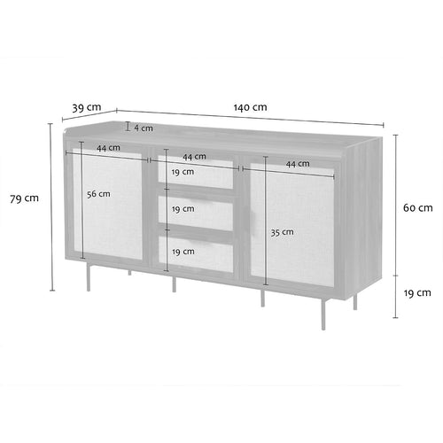 Calicosy - Dressoir JETSON -  Walnootlook & stof 140x39,5x79 cm