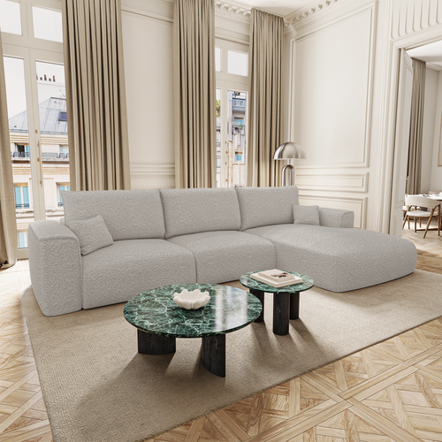 Premium Interiors - Rechthoekige hoekbank met slaapfunctie en opbergruimte COMO - bouclé-stof lichtgrijs 297cm