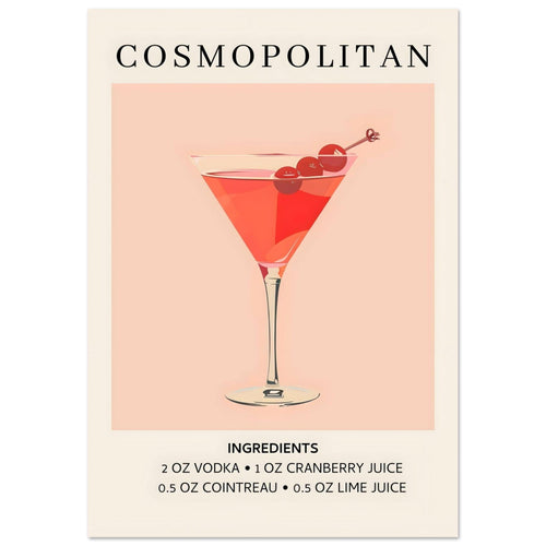 Artfulprints Poster met Lijst Cosmopolitan cocktail - Ingrediënten   - A4 21x29.7 cm - Roze