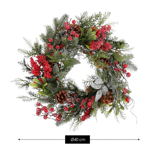 Mica Decorations Randell Christmas Wreath - Kerstversiering met Besjes en Dennenappels - Kerstkrans met Besneeuwd Effect - Deurkrans voor Binnen -