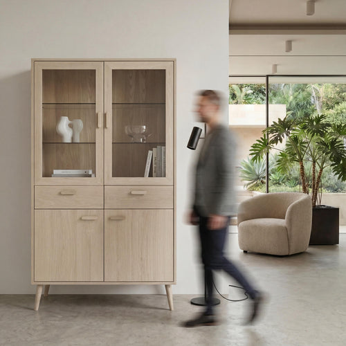 Furnhouse vitrinekast Porto - Witte olie - MDF, Eikenfineer, Glas - 40x110x187