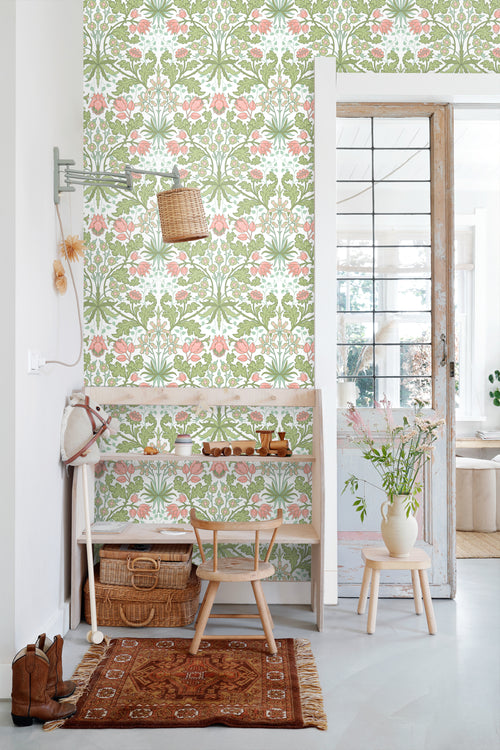 ESTAhome behang vintage bloemen in art nouveau stijl groen en roze - 50 x 900 cm - 131179 - vtwonen shop