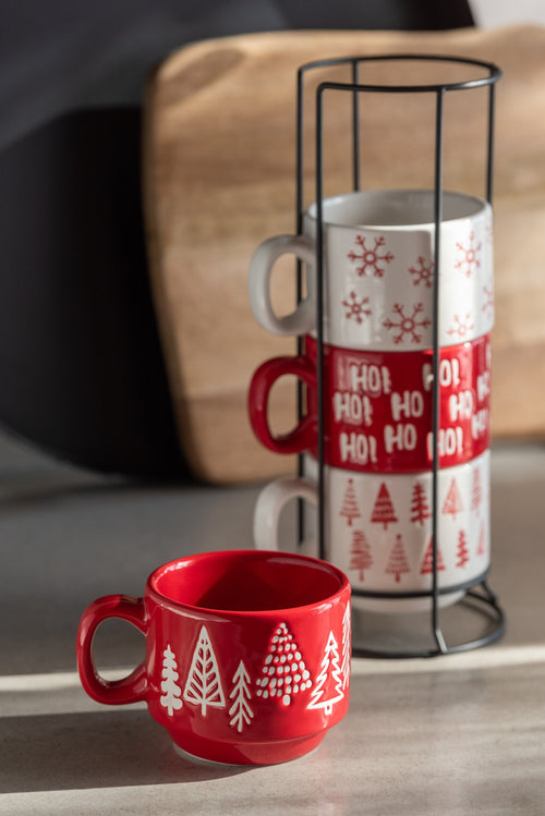 J-Line kopje Kerstmis Dolomiet - keramiek - rood/wit - doos van 4