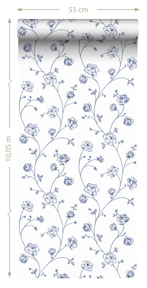 ESTAhome behang toile de jouy rozen wit en blauw - 53 cm x 10.05 m - 139300