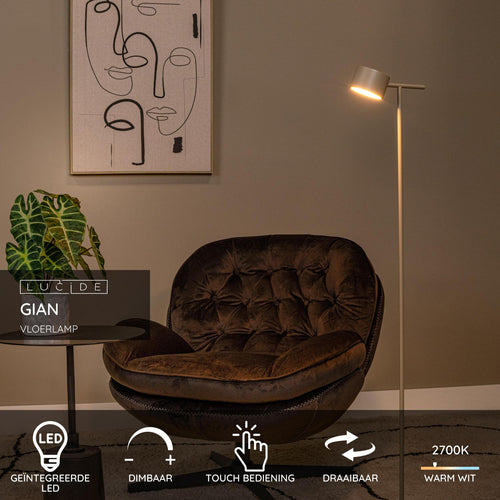 Lucide vloerlamp GIAN - Geïntegreerde LED - Taupe - vtwonen shop