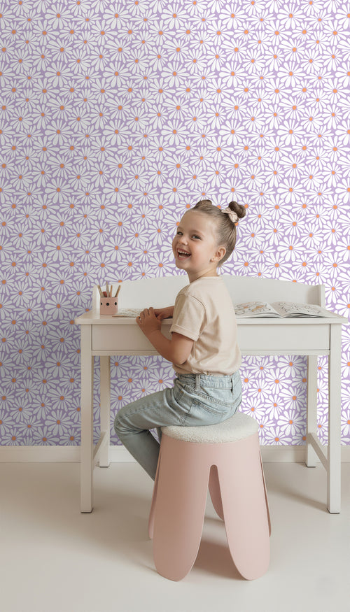 ESTAhome behang madeliefjes lila paars en oranje - 53 cm x 10.05 m - 131153