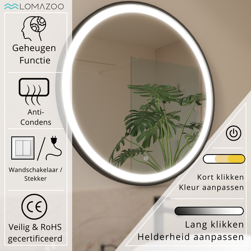 LOMAZOO badkamerspiegel Bologna - met LED verlichting - rond - zwart - 70 cm