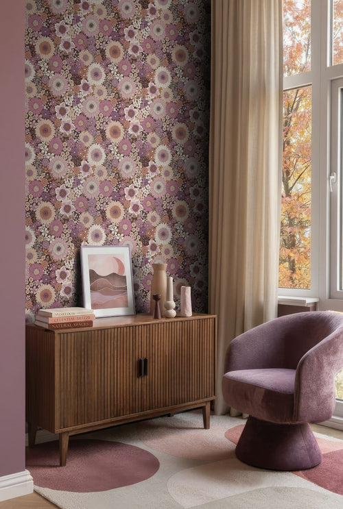 ESTAhome behang retro bloemen mauve paars en terracotta roze - 53 cm x 10.05 m - 131319