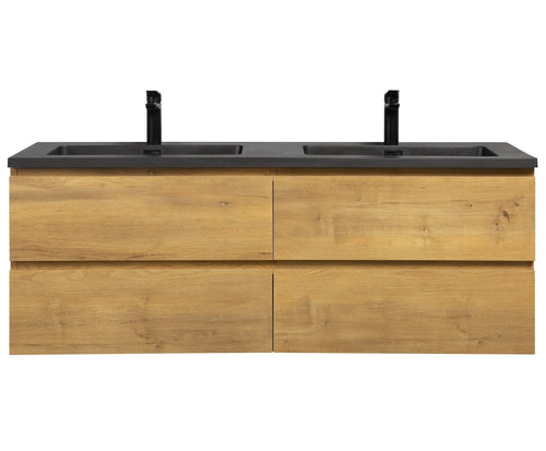 Badplaats Badkamermeubel Set Angela 140 cm – Eiken – Badmeubel met Zwarte Wastafel