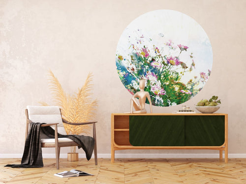 Sanders & Sanders zelfklevende behangcirkel veldbloemen groen, roze en blauw - Ø 140 cm - 601125