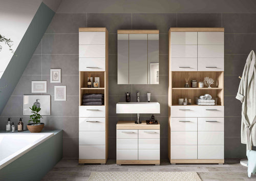 Furnilux Badkamercombinatie Lambada Met Hoge Kast Eik/Wit Hoogglans 186 Cm 4-Delig