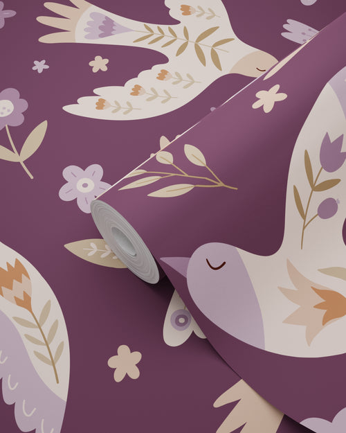 ESTAhome behang bloemen en vogels paars - 50 x 900 cm - 131757