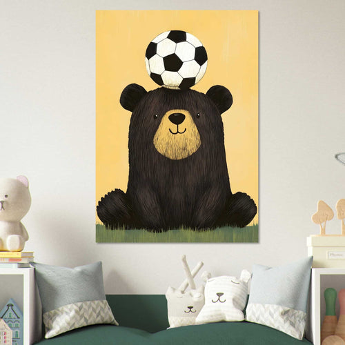 Artfulprints Poster Voetballende beer   - 30x40 cm - Geel