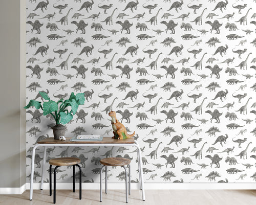 ESTAhome behang dinosaurussen grijs - 50 x 900 cm - 131203